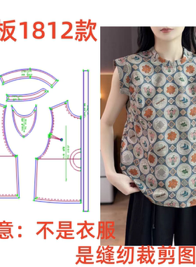 服装纸样裁剪图1812款女士新中式立领飞飞袖上衣样板图diy1:1设计