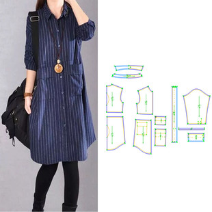 新款宽松显瘦大码18235中长女条纹衬衫女装裁剪纸样DIY1:1图纸