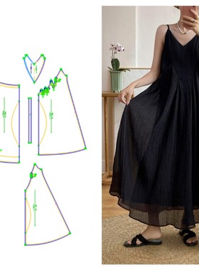 衣依纸样956夏季新款吊带背心裙无袖长款褶皱显瘦连衣裙样板图纸