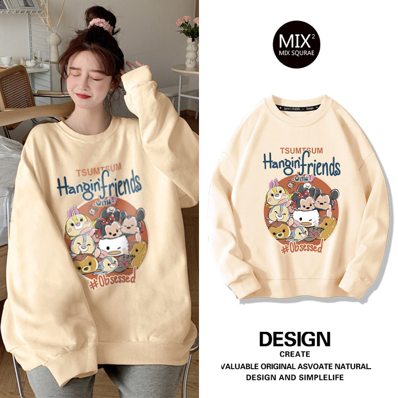 米色米奇圆领卫衣女2021新款小众ins韩版宽松加绒加厚bm秋冬外套