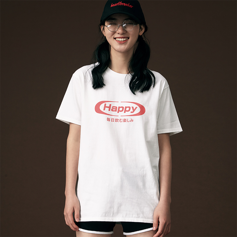 irritable快乐每一天日系复古情侣装bf风潮女宽松圆领短袖t恤上衣