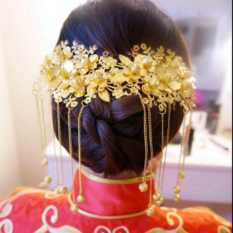 中式新娘秀禾服头饰金色简约旗袍发饰结婚敬酒服饰品礼服流苏头饰