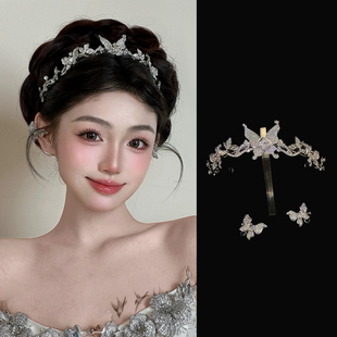 新款精致蝴蝶皇冠耳环套装新娘婚纱礼服宴会头纱头饰高级简约王冠