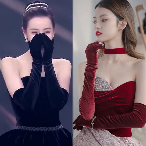 热巴同款黑色丝绒手套长礼服袖套领证登记拍照道具红色万圣节cos