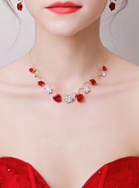 新娘头饰红色敬酒服结婚项链耳环