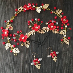 新款韩式新娘头饰耳环红色饰品三件套中式结婚敬酒服花朵发饰