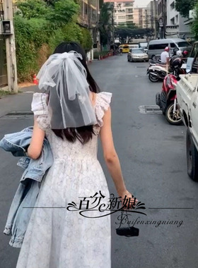 结婚头纱森系超仙蝴蝶结连衣裙