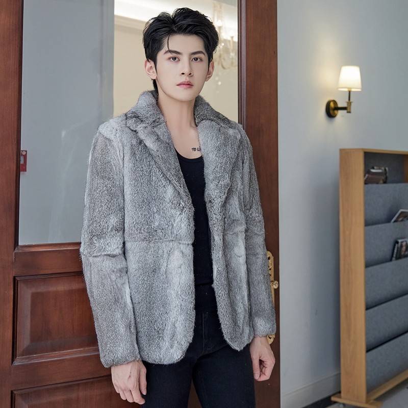 天然色兔皮毛修身短款皮草外套男