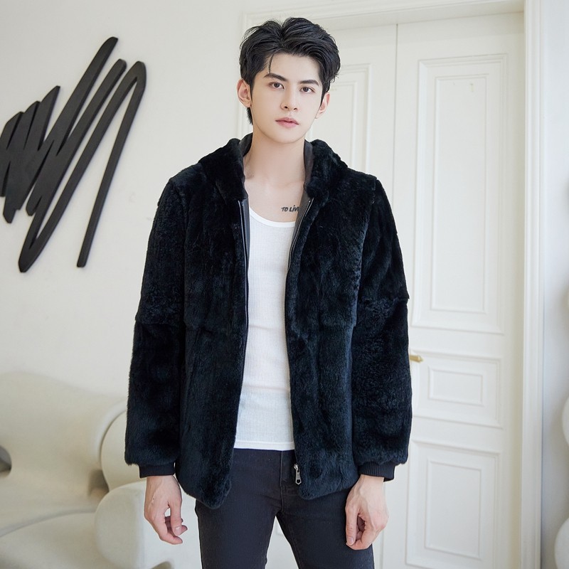 皮毛一体连帽獭兔毛皮草外套男