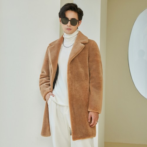 男士羊剪绒中长款修身皮草大衣