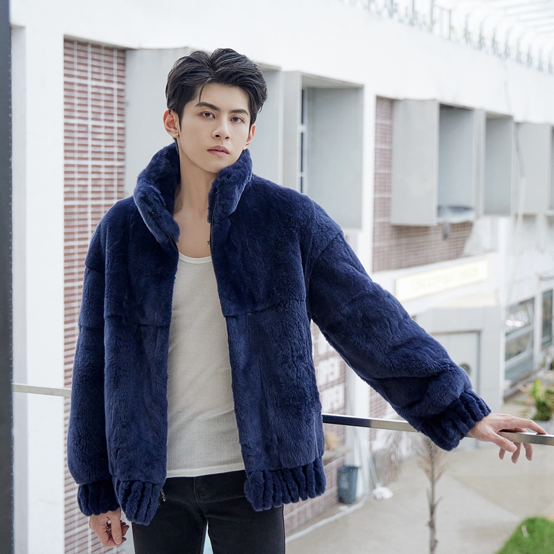 立翻领宽松大码獭兔毛皮草外套男