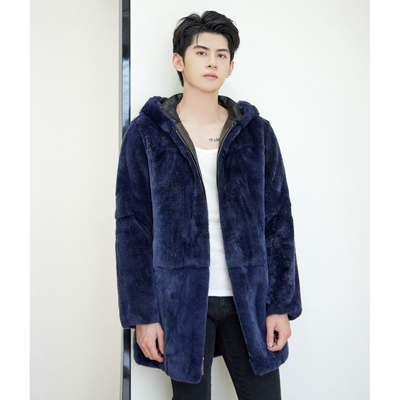 中长款连帽獭兔毛皮草外套男