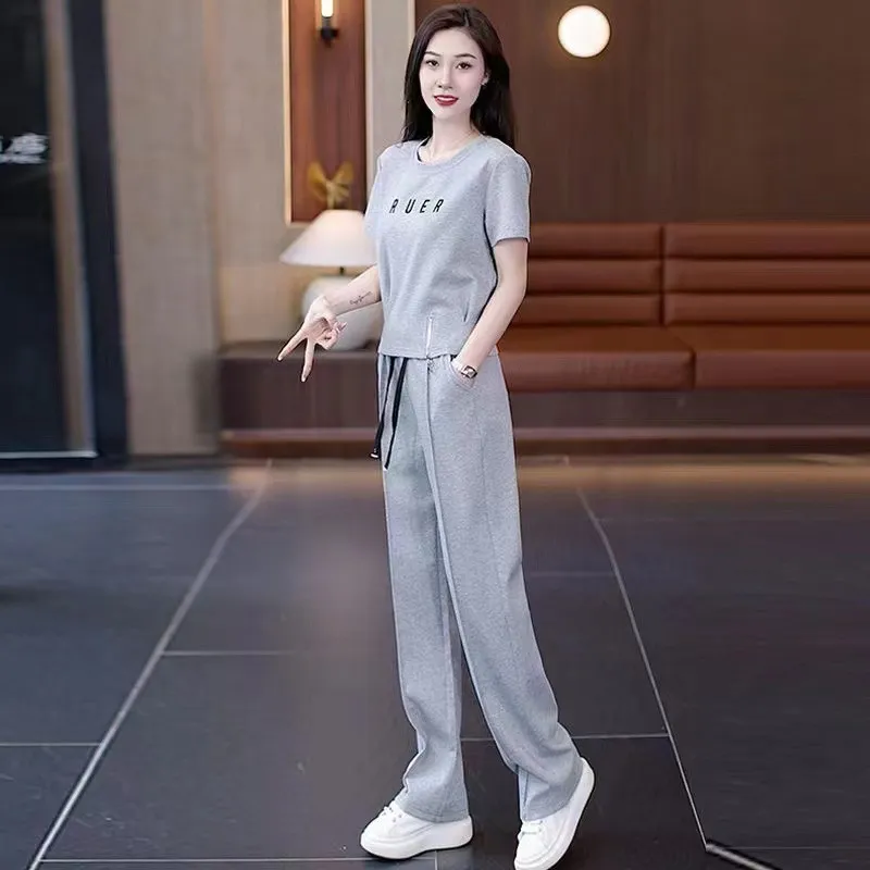 10夏季休闲运动套装女2025新款洋气收腰显瘦短袖上衣阔腿裤两件10
