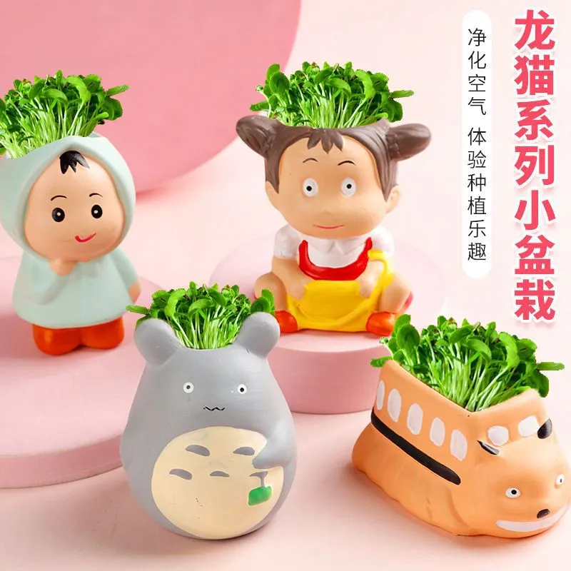 陶瓷工艺品摆件创意礼品 长草头娃娃 盆栽植物微景观室内种植