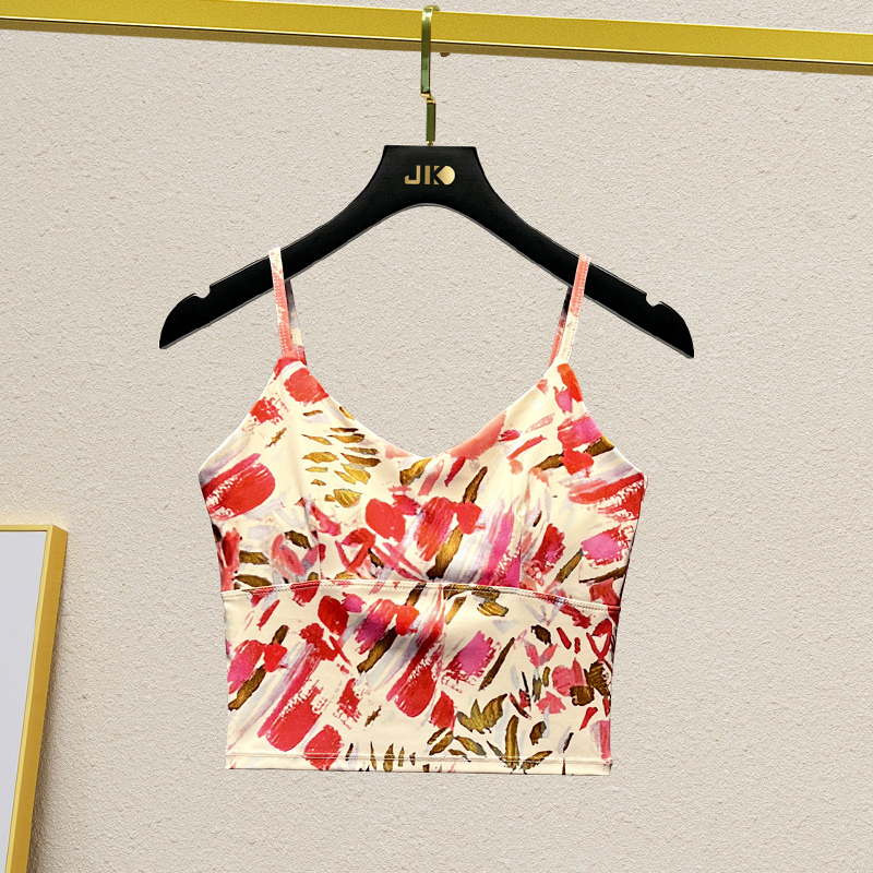 花色瑜伽服女带胸垫时尚性感美背吊带速干运动健身服彩色背心上衣