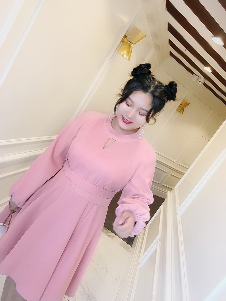 APANG大码女装粉色淑女气质中长款韩国磨毛生日裙连衣裙胖MM