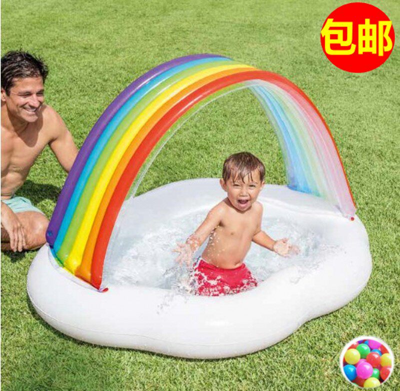 正品出口欧美加厚充气彩虹遮阳坐船小水池 intex宝宝 0-3岁泡澡池
