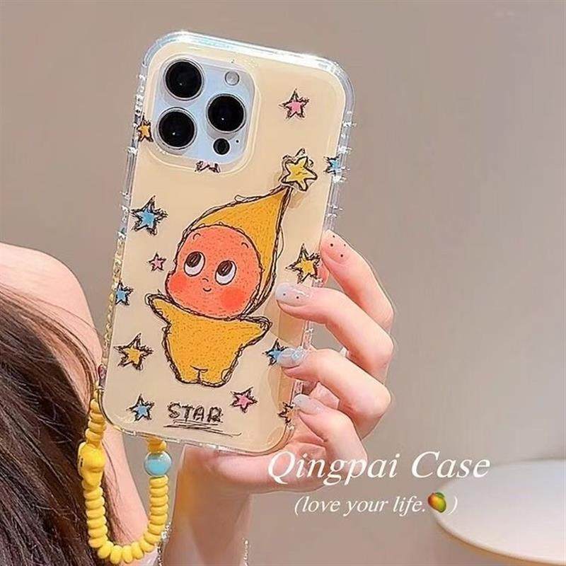轻派ins风日韩涂鸦黄色星星人带链条适用苹果16promax手机壳iphone17新款15pro女款13趣味卡通14双层