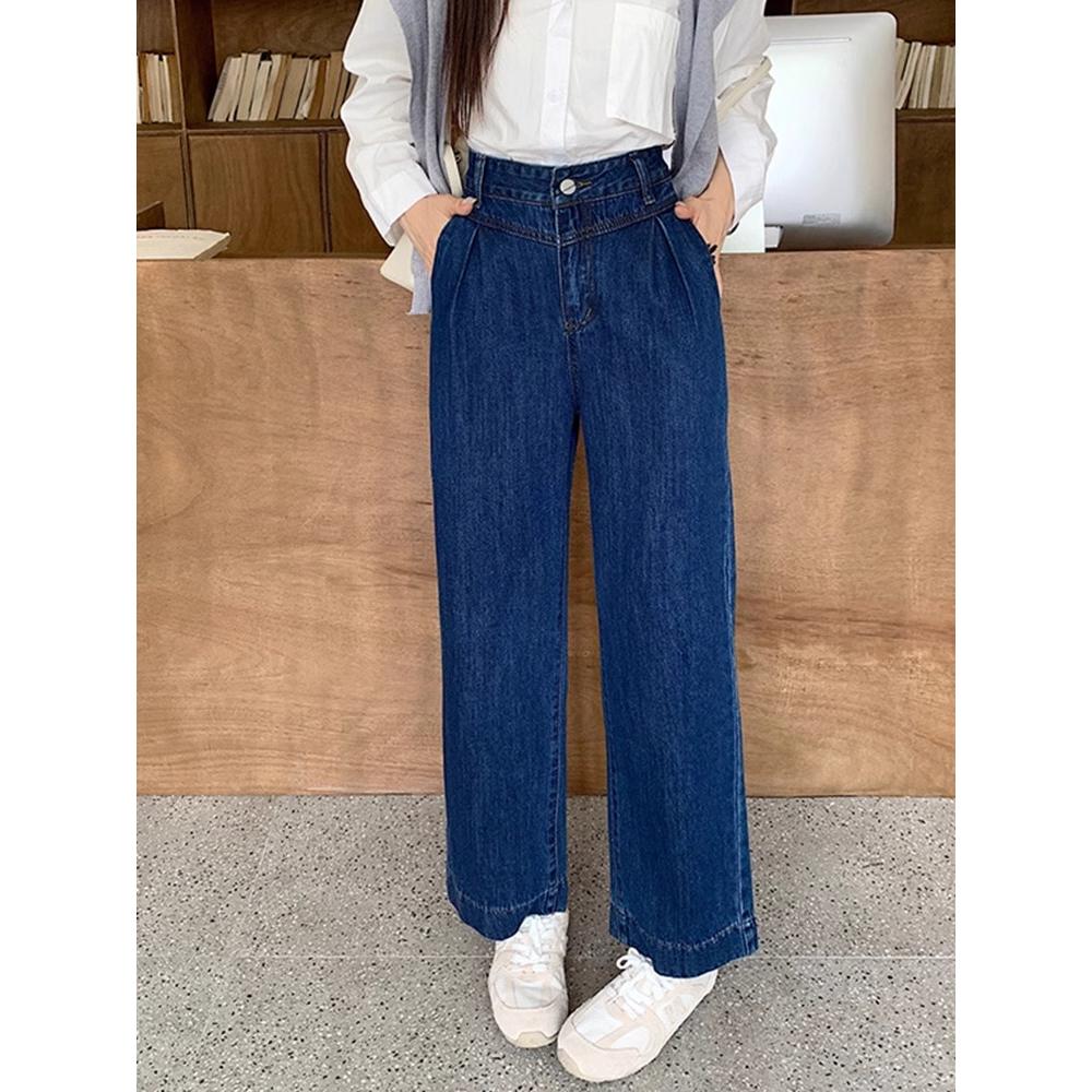 深蓝色阔腿牛仔裤女2024秋季高腰大码显瘦长裤胖mm胯大腿粗直筒裤