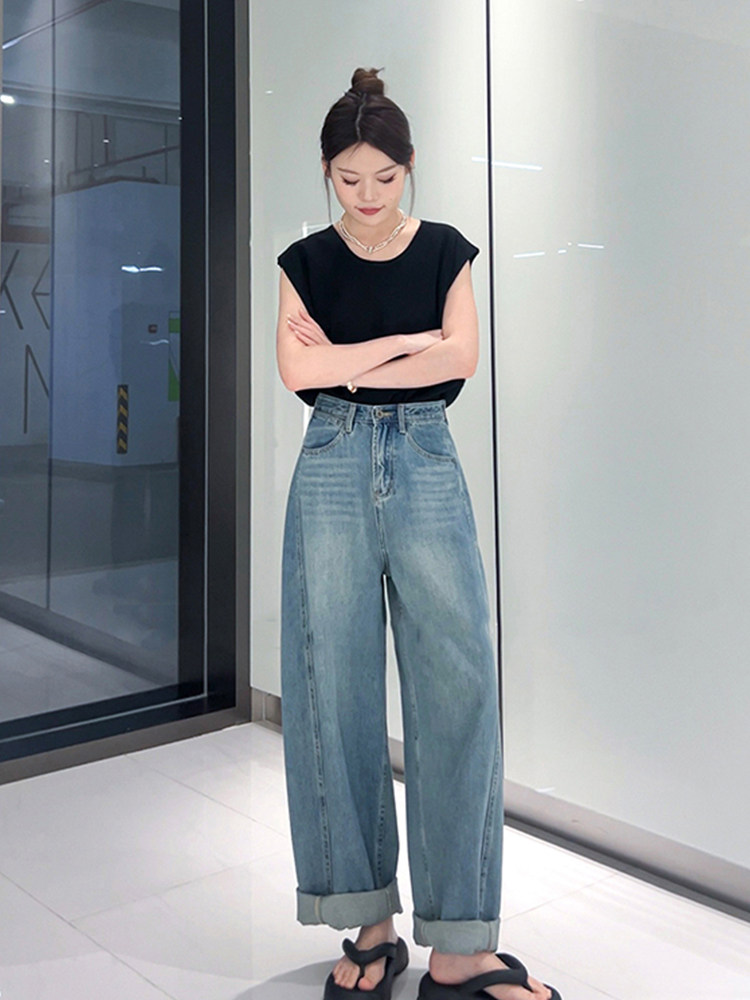 美式弯刀阔腿牛仔裤女2024夏季新款复古高腰显瘦胖mm直筒宽松长裤
