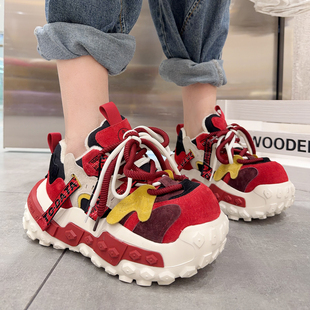 欧洲站系带真皮运动休闲鞋女2025年冬季新款加绒老爹鞋女厚底棉鞋
