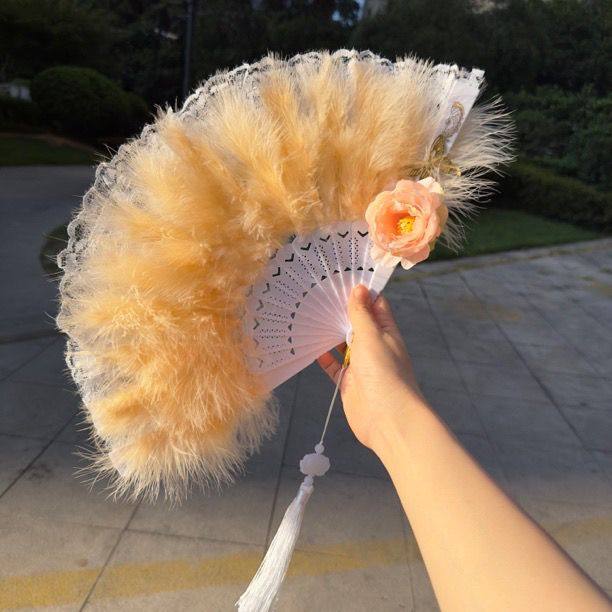 网红羽毛扇蕾丝扇古风旗袍汉服走秀舞蹈女古典折扇新款黑色复古风