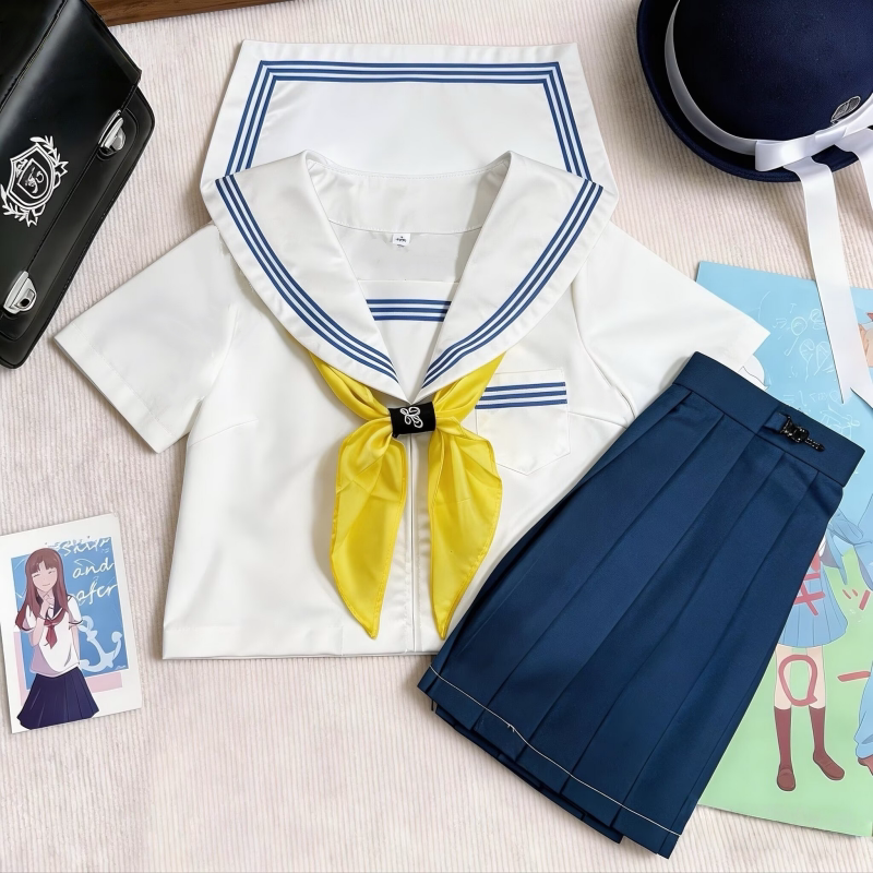 格瑞斯蓝三本日系jk制服水手服套装学院风海军领短袖百褶裙基础款