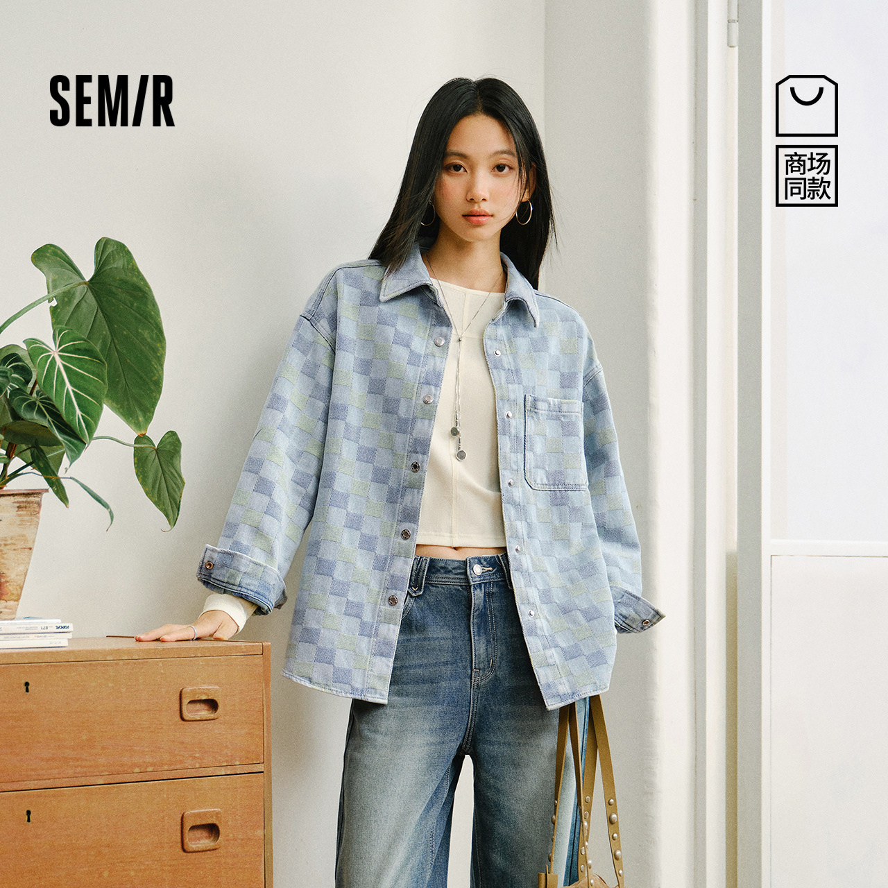 森马oversize中长款牛仔衬衫女图片
