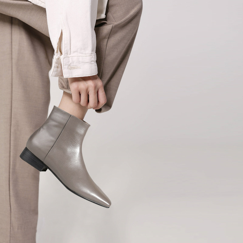 CHELSEA BOOTS 2024 FALL-WINTER SQUARE TOE FLAT BOTTOM THICK MID HEEL LEATHER VELVET MARTIN BOOTS SINGLE BOOTS WOMEN