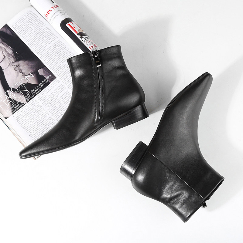 CHELSEA BOOTS 2024 FALL-WINTER SQUARE TOE FLAT BOTTOM THICK MID HEEL LEATHER VELVET MARTIN BOOTS SINGLE BOOTS WOMEN