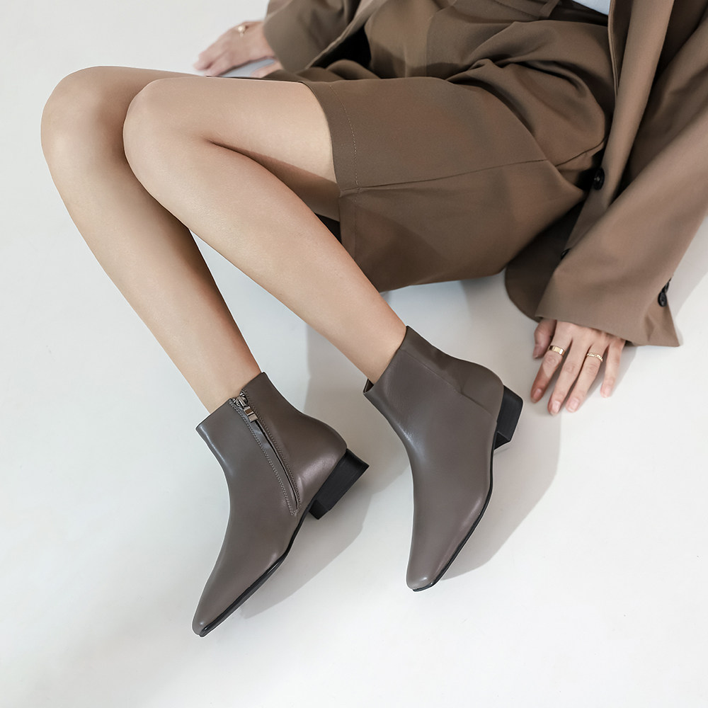 CHELSEA BOOTS 2024 FALL-WINTER SQUARE TOE FLAT BOTTOM THICK MID HEEL LEATHER VELVET MARTIN BOOTS SINGLE BOOTS WOMEN