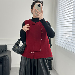 新中式国风盘扣双面羊毛马甲女红色短款背心毛呢外套新年战袍