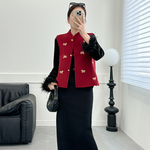 新中式红色小马刺绣毛呢马甲女2026新款国风双面羊毛短款外套