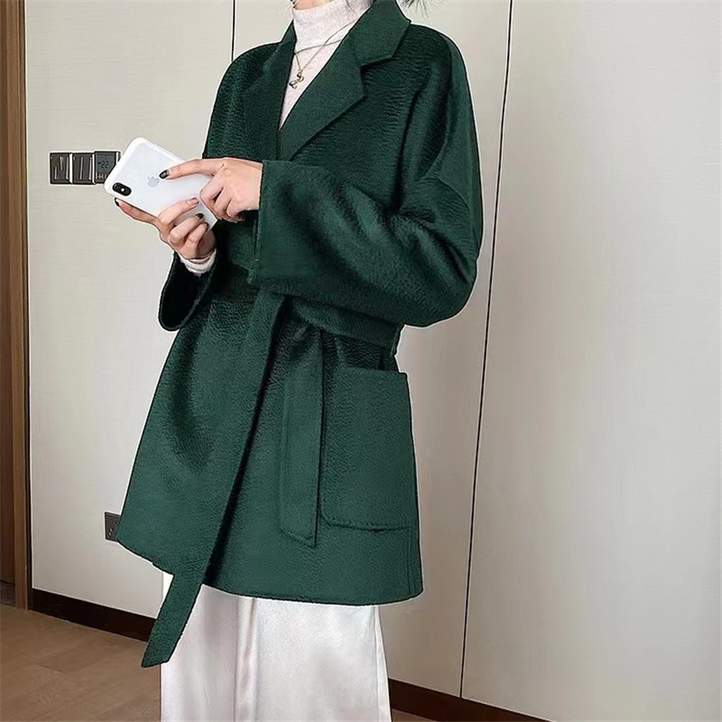 高端水波纹双面羊绒大衣女中长款2024新款韩版西装领系带毛呢外套