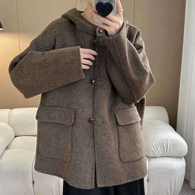 连帽中长款双面羊绒大衣