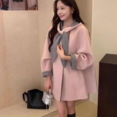 高端双面羊绒大衣女新款粉色甜美可爱兔耳朵连帽时尚洋气毛呢外套