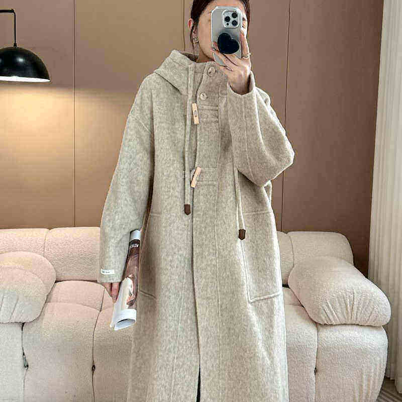 双面羊毛大衣女长款2025年秋冬新款韩系牛角扣连帽直筒羊毛呢外套