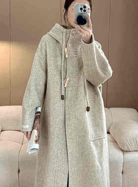 双面羊毛大衣女长款2025年秋冬新款韩系牛角扣连帽直筒羊毛呢外套