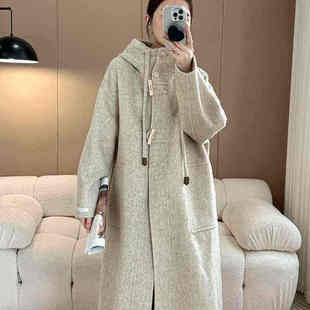 双面羊毛大衣女长款2025年秋冬新款韩系牛角扣连帽直筒羊毛呢外套
