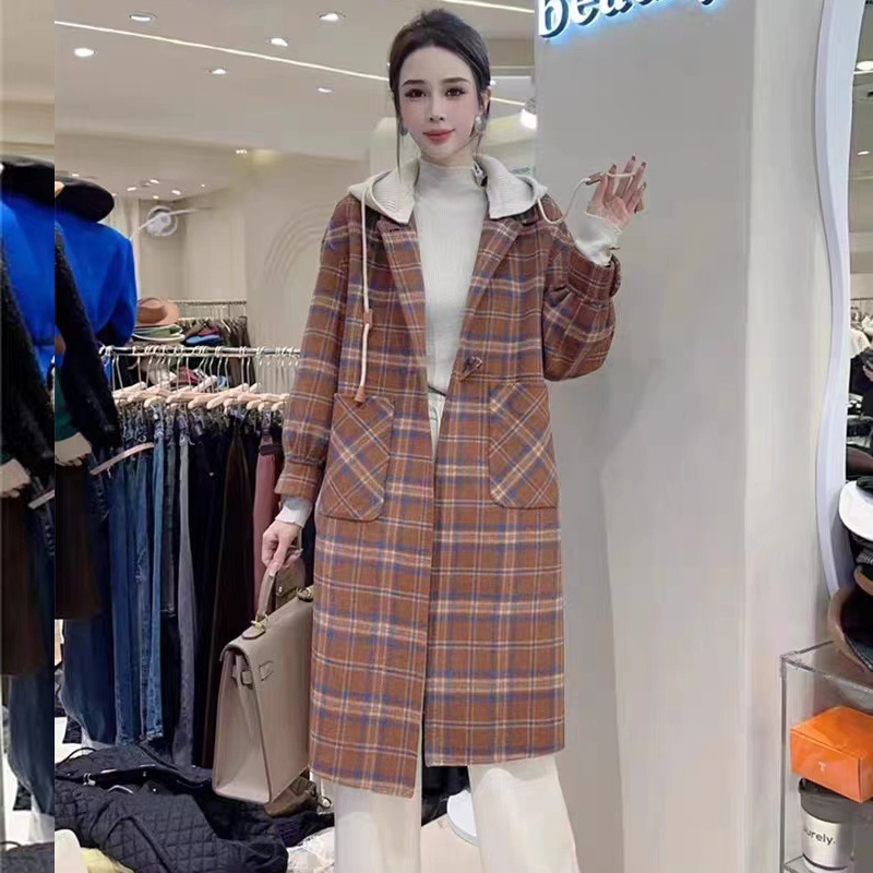 格子双面羊绒大衣女长款2023年新款韩版牛角扣针织连帽羊毛呢外套-封面