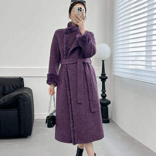 气质紫色双面羊毛大衣女长款2025新款羊羔毛系带毛呢外套温柔风