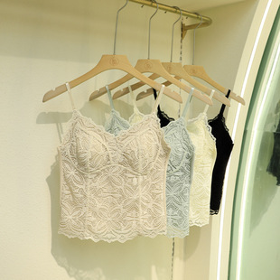 新款 钩花蕾丝鱼骨收腰吊带固定一体杯U型美背内衣 V领冰丝春夏法式