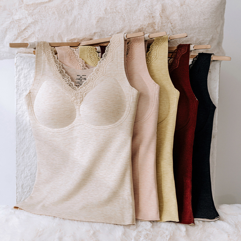 V领蕾丝羊毛蚕丝固定杯保暖内衣
