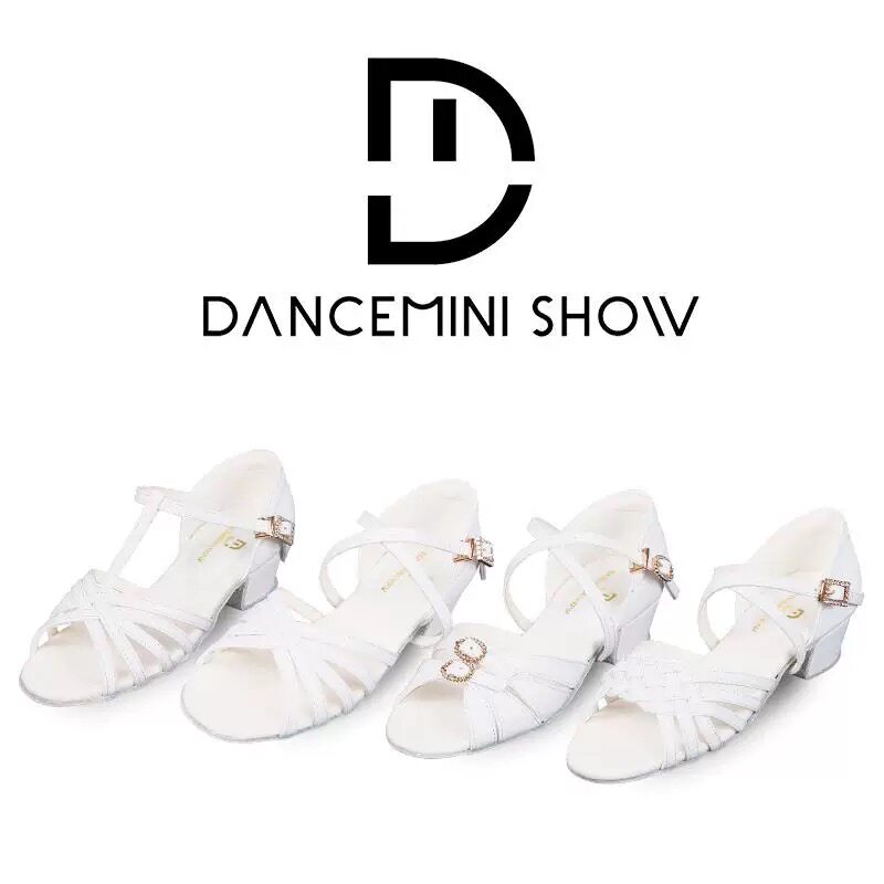DANCEMINI拉丁舞鞋国标女儿童软底白双扣专业考级比赛专用小白鞋
