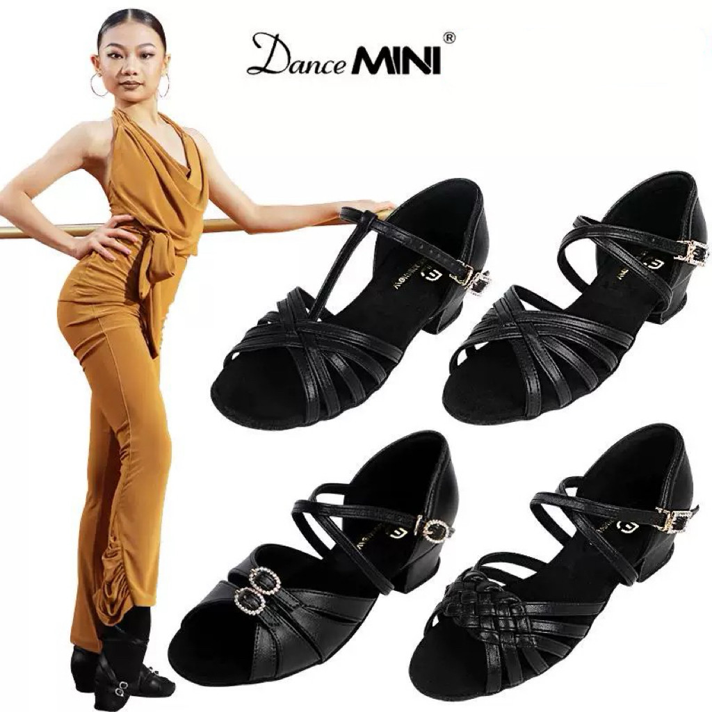 DANCEMINI儿童拉丁舞鞋软底黑色编制皮质双扣舞蹈鞋比赛考级专用