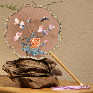 中國風伴手禮會議禮品 蜀繡雙面繡花鳥團扇手工刺繡扇子擺件新中式