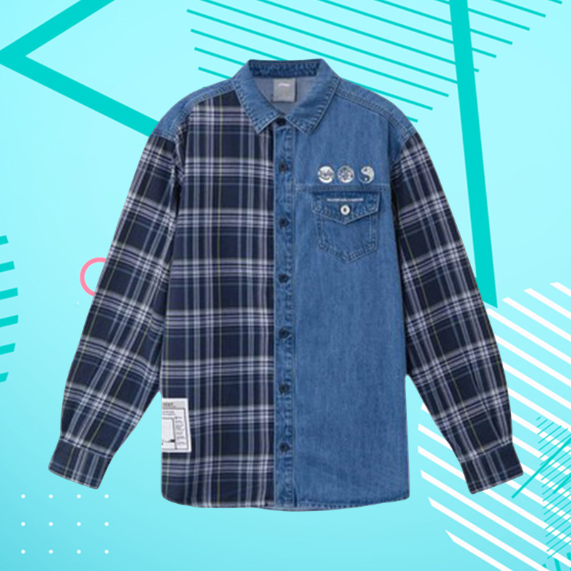 李宁正品外套男子秋季衬衫新款潮流拼接格子开衫牛仔外套ASHR087