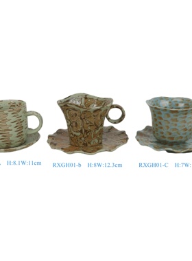 复古陶瓷咖啡杯碟套装荷叶边格纹肌理感家居装饰摆件
