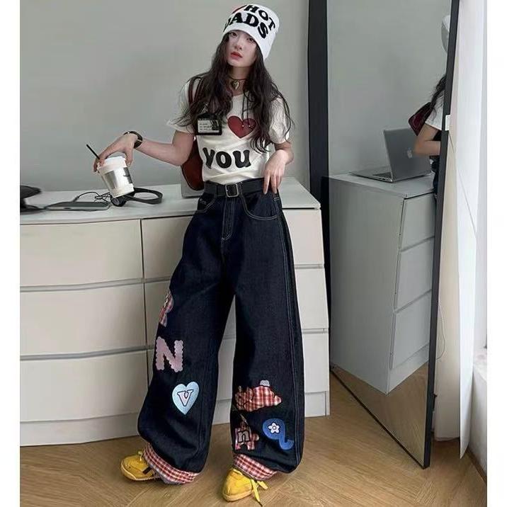 法国女童2025春秋新款韩版洋气格子拼接卷边牛仔裤宽松直筒阔腿长