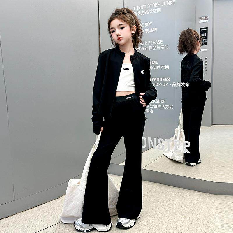 法国女童春装套装2025新款儿童洋气时髦修身喇叭裤中大童春秋两件